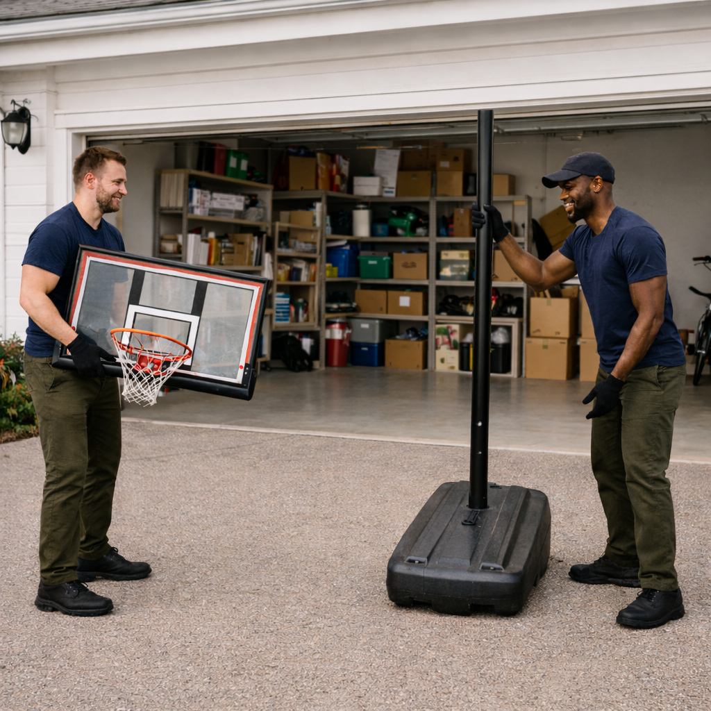 Two haulers lifting a heavy basketball goal during an in-home pickup