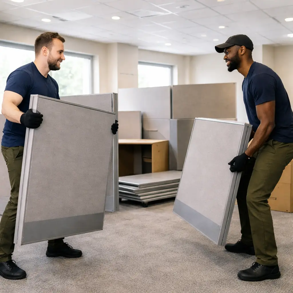 Two haulers lifting a heavy cubicle during an in-office pickup