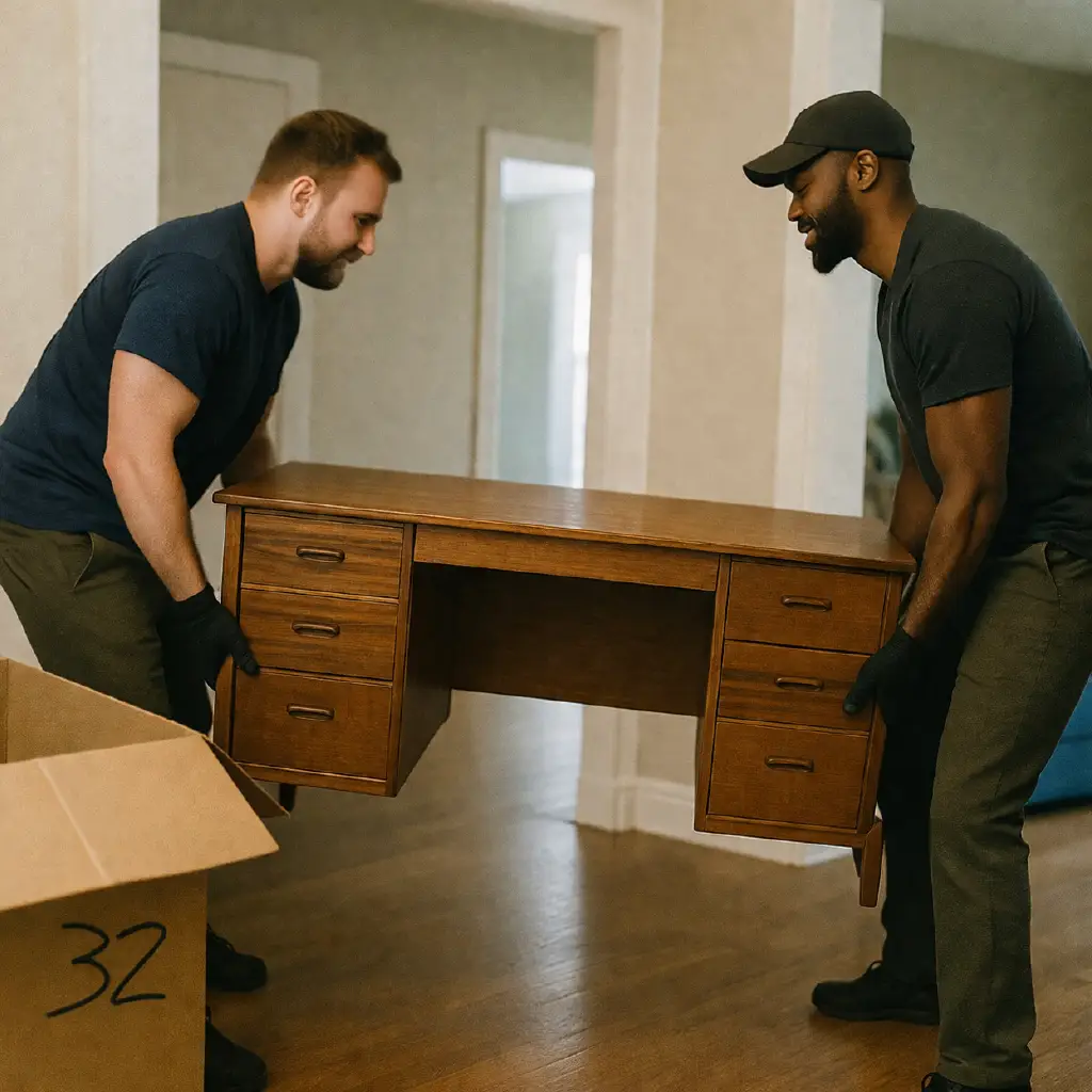 Two haulers lifting a heavy desk during an in-home pickup