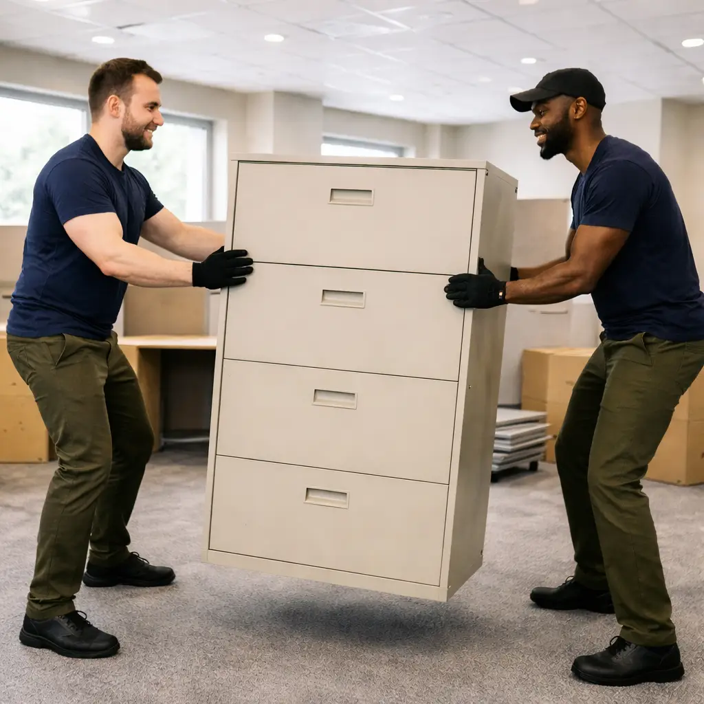 Two haulers lifting a heavy filing cabinet during an in-office pickup