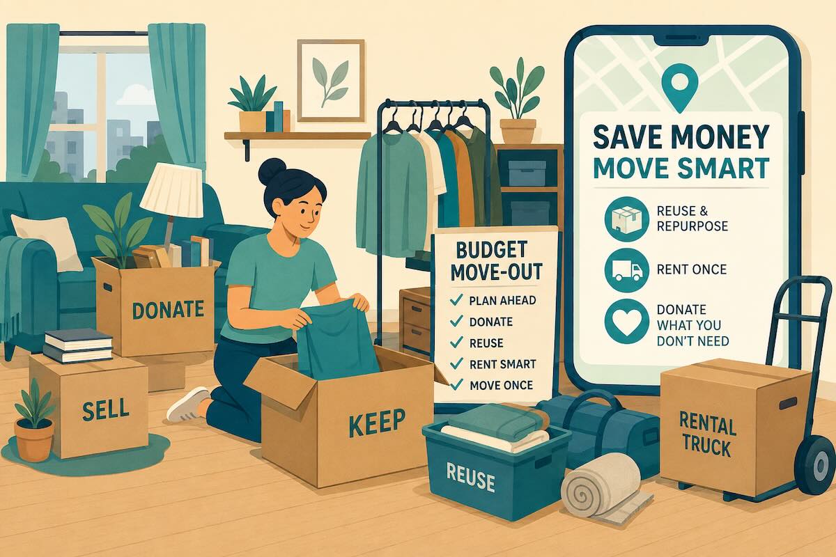 Budget move-out with donation boxes, reused packing supplies, and a rental truck plan to save money