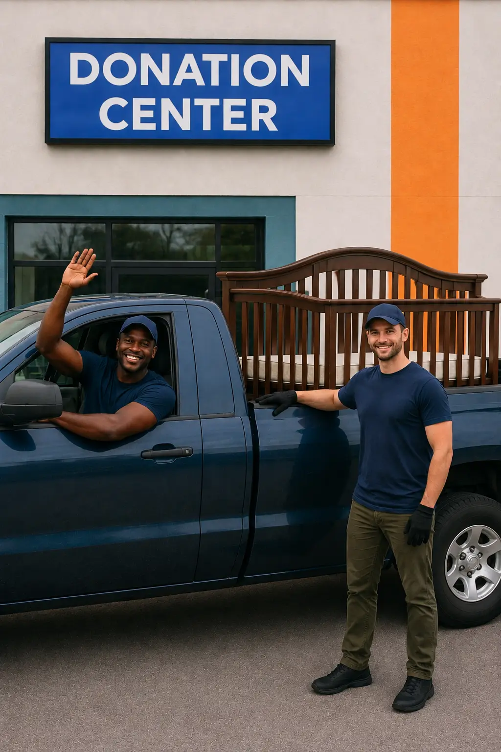Two haulers standing beside a pickup truck loaded with a crib outside a donation center
