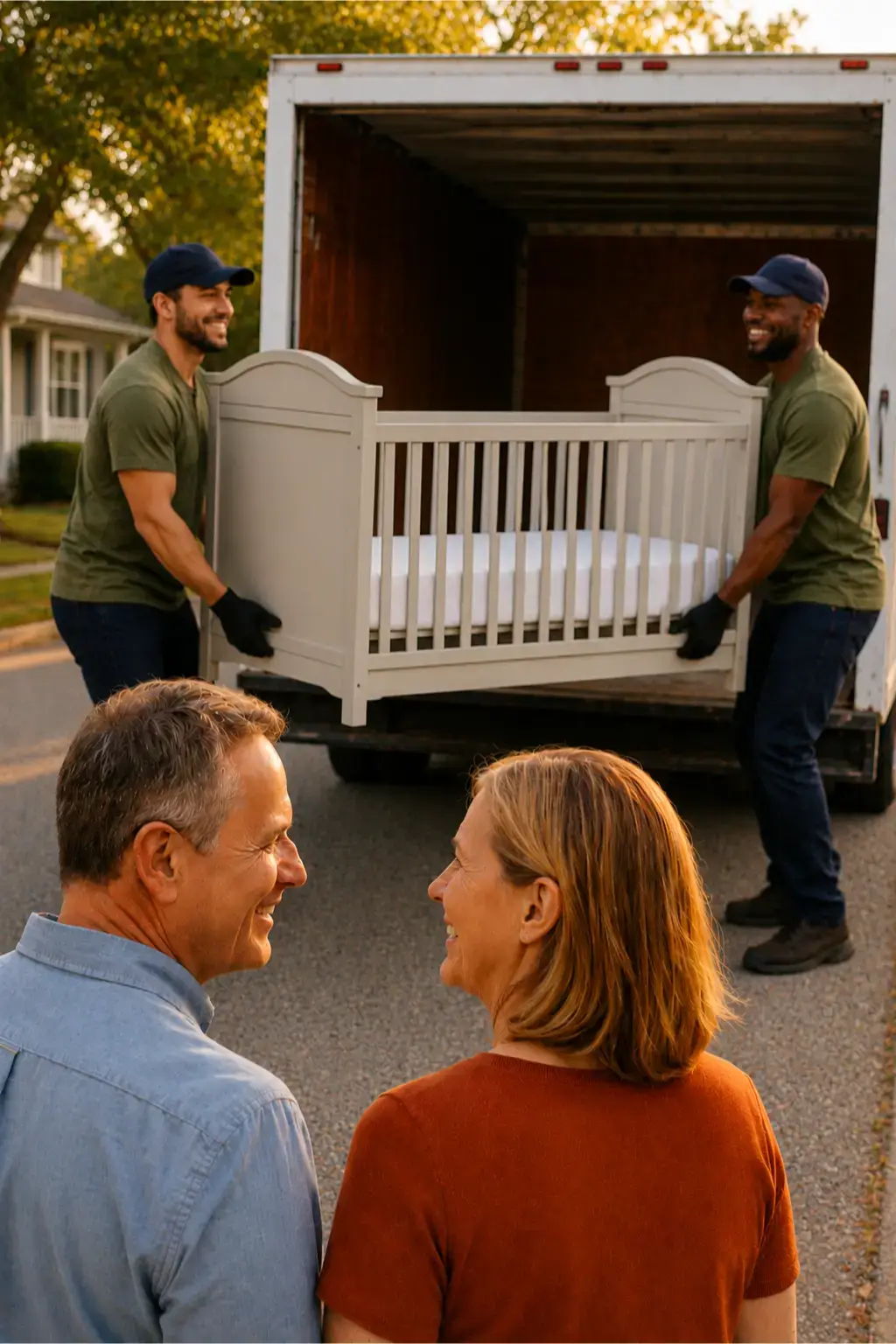 Local haulers loading a donated crib into a truck during a pickup in Acalanes Ridge