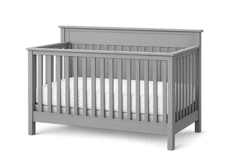 Modern gray baby crib with mattress