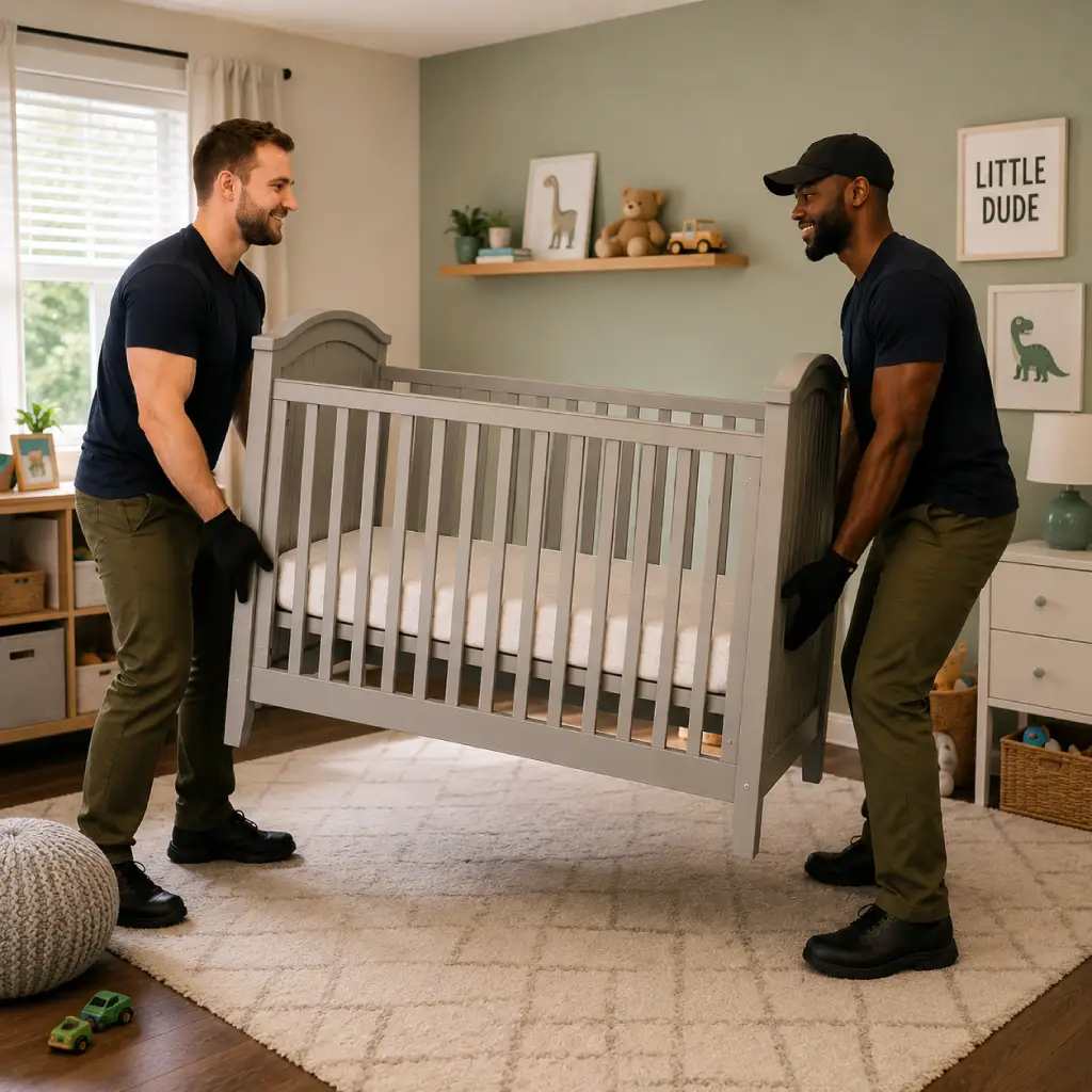Two haulers lifting a heavy crib during an in-home pickup