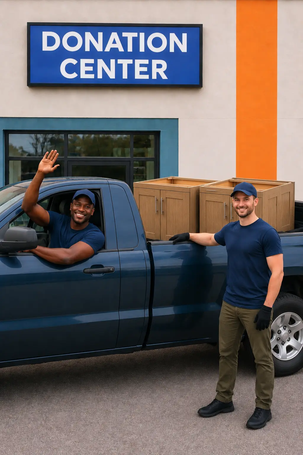 Two haulers standing beside a pickup truck loaded with a cabinet outside a donation center