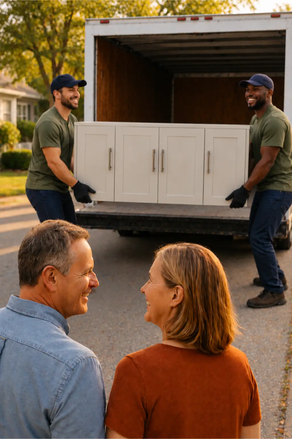 Local haulers loading a donated cabinet into a truck during a pickup in Latimer