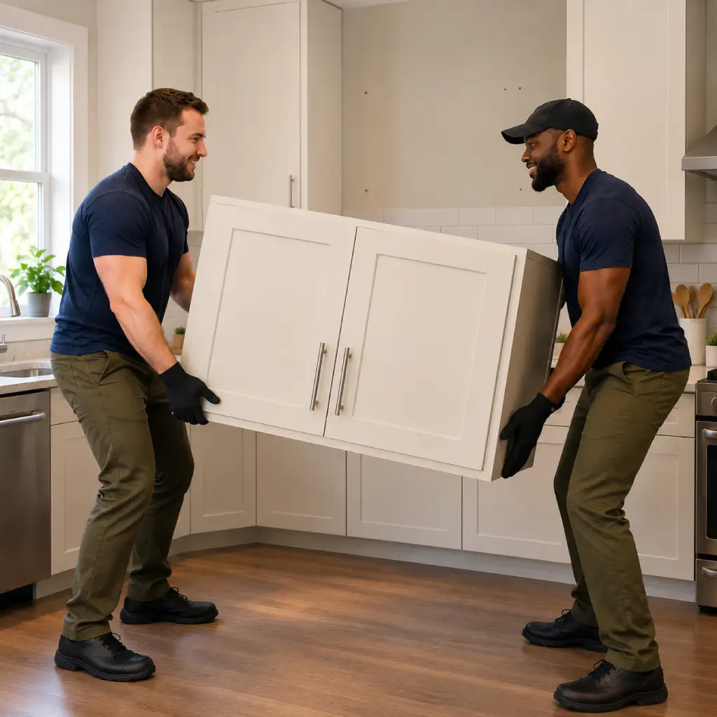 Two haulers lifting a heavy cabinet during an in-home pickup